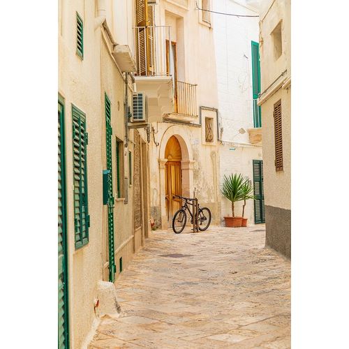 Italy-Apulia-Metropolitan City of Bari-Monopoli Narrow street between buildings-with a bicycle